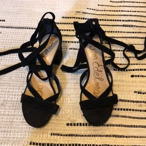 San Edelman black suede tie up heals